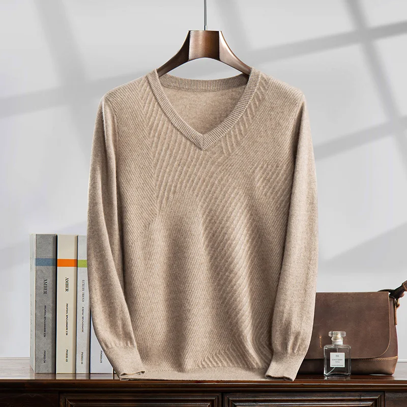 MVLYFLRT Men's Luxury 100% Pure Goat Cashmere V-Neck Knitted Pullover Sweater Warm Soft Versatile Autumn Winter Clothing Tops