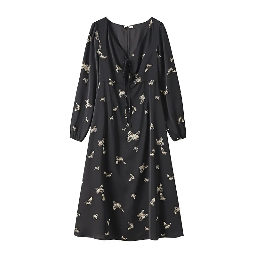 Extra Large Women's Chubby Girl Butterfly Printed Chiffon Deep V-Neck Long Sleeve Dress for Spring And Autumn High-End Feel