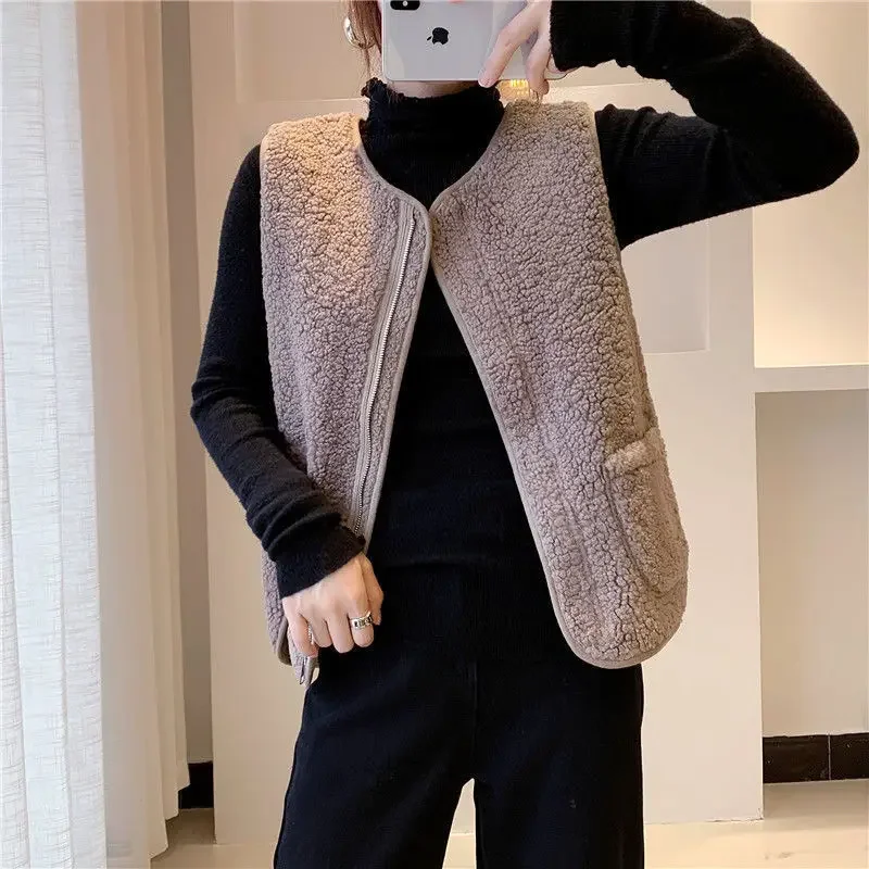 

Women's Vest Sleeveless Tops Lamb Fur All In One Korean Fashion Loose Keep Warm Spring and Autumn Coat Pocket