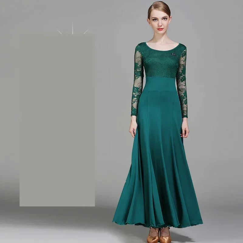 Wysokiej jakości sukienki do tańca towarzyskiego dla dorosłych, standardowe, z koronkowymi rękawami, spódnica do flamenco, tanie damskie sukienki sceniczne do walca i tańca towarzyskiego.