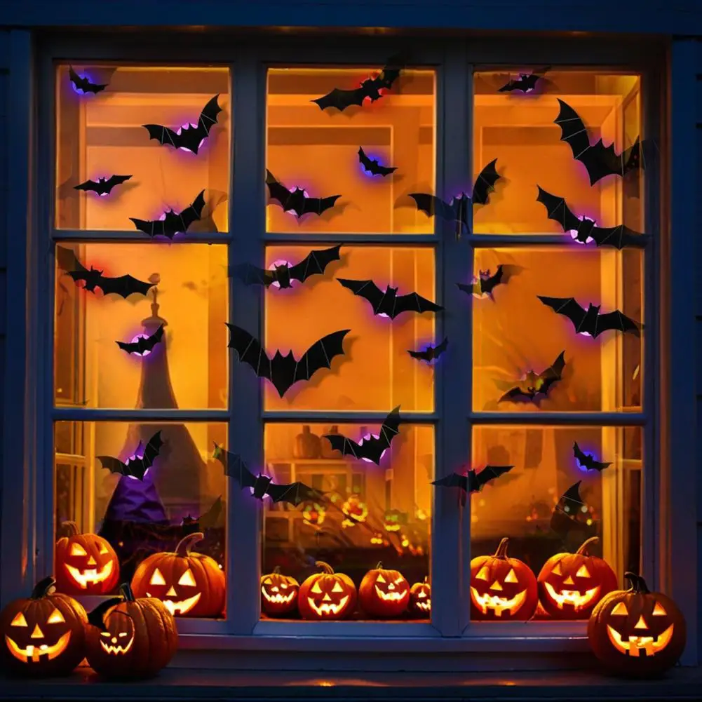 Bat Sticker Spooky Halloween Spider Bat Sticker Set with Led Lights for Indoor Outdoor Decorations 3D Wall Decor for Party