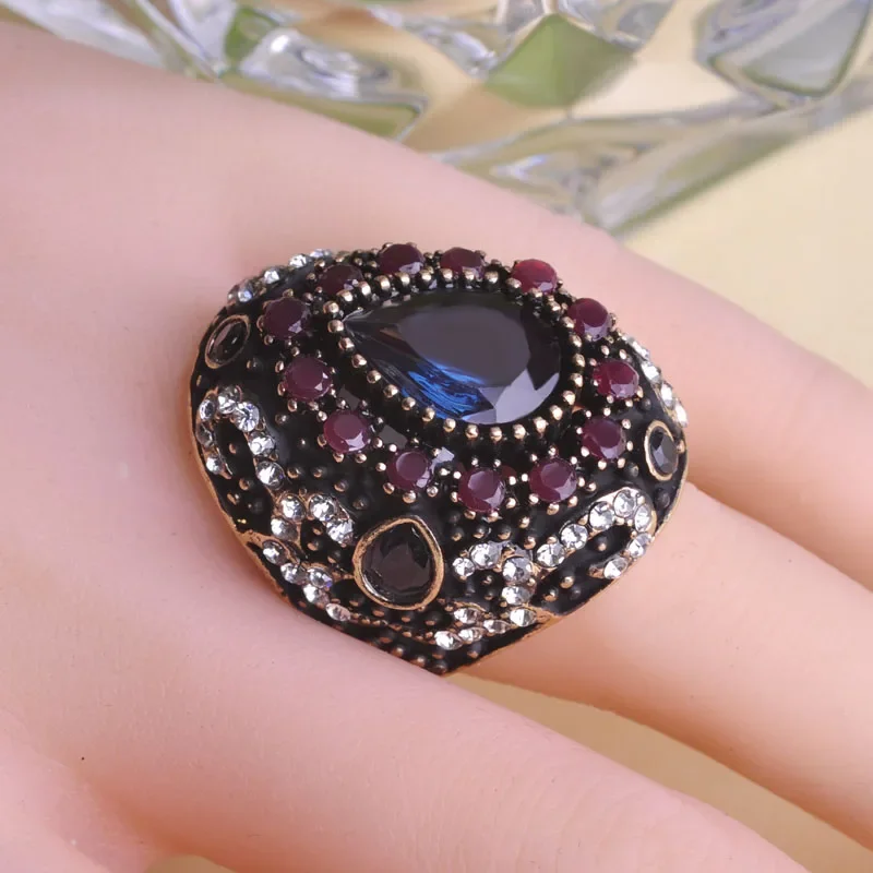 Blucome Turkish Big Size Rings Blue Vintage Women Jewelry Anel Anillo Turco Anies Femininos Antique Gold Color Finger Bijoux