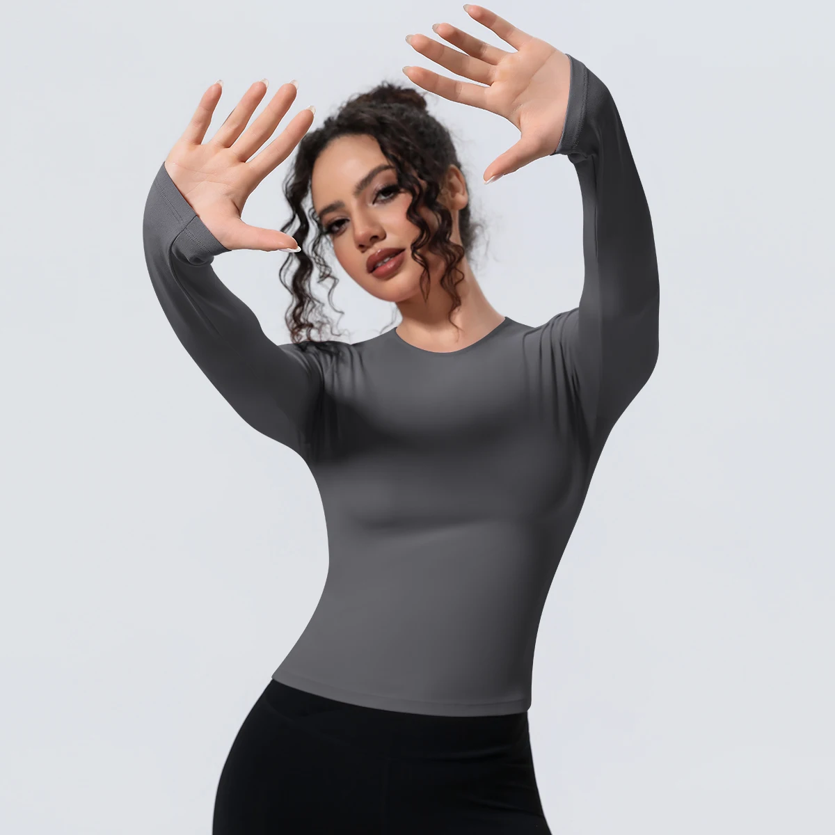1 Stück Schlankes Casual Sommer Yoga Langarm-Oberteil für Damen, Fitness-Sport-Laufshirt mit Schnelltrocknung, Einfarbiges Trainingsshirt – Detail 33