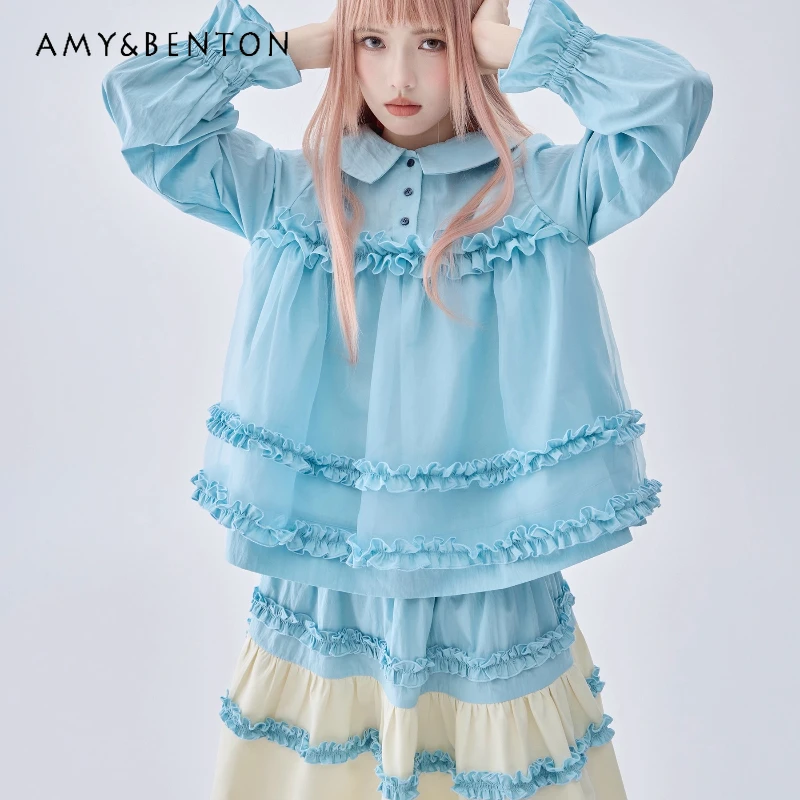 

French Design Blue Loose Ruffle Long Sleeve Women's Top 2025 Autumn New Cute Sweet Turn-Down Collar Solid Color Shirts ladies