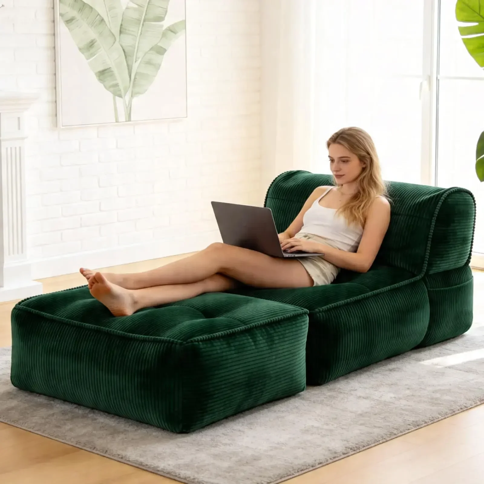 

Oversized Corduroy Bean Bag Lounger With Ottoman For Adults Living Room Bedroom