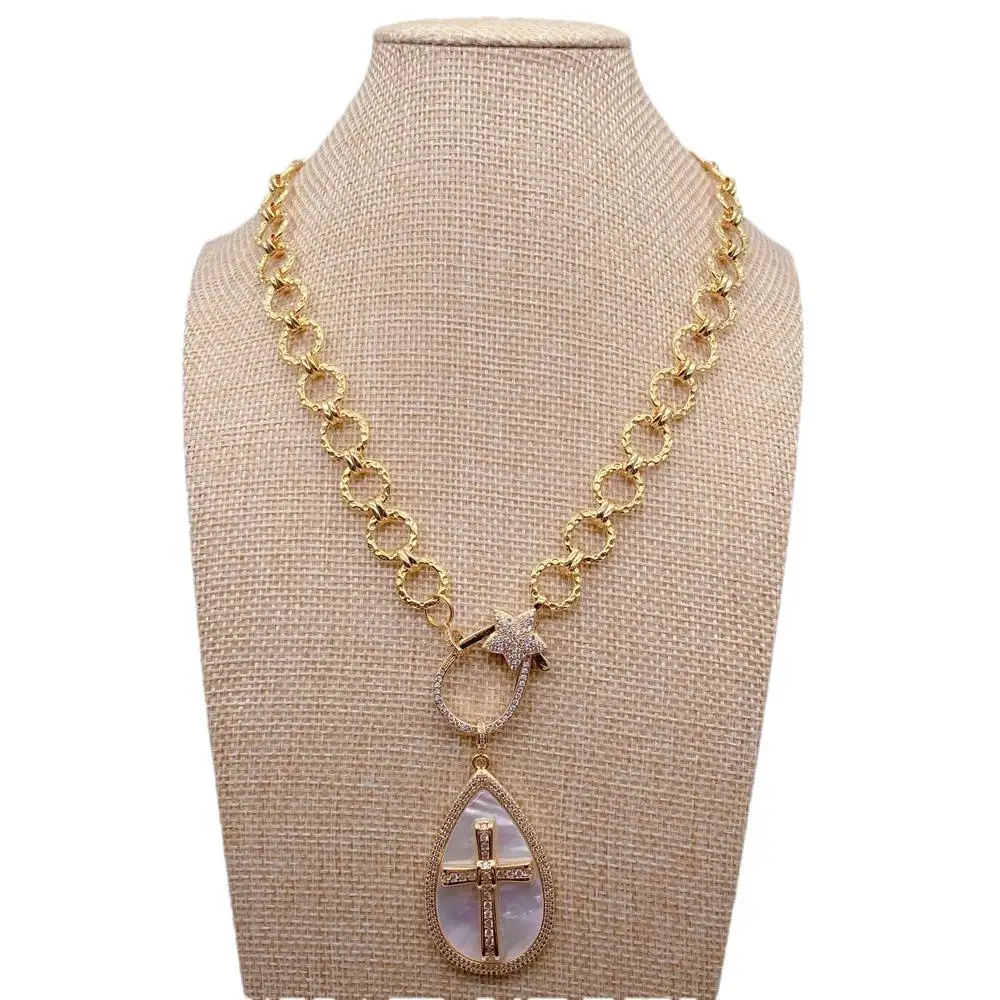 Y·YING Natural White Sea Shell Cz Pave Crucifix Pendant Gold Plated Chain Necklace