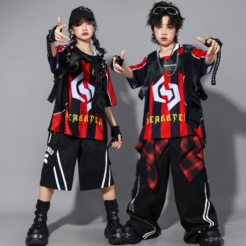 Meninos hip hop outfits azul contraste camiseta calças de carga meninas dança de rua jazz traje crianças roupas k-pop streetwear