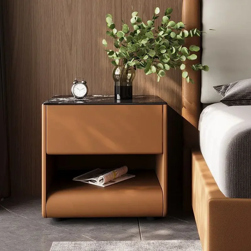 Luxury Leather Bedside Table Marble Tabletop Hidden Drawer Open Layer Storage Curved Edge Minimalist Bedroom Decor Nightstand