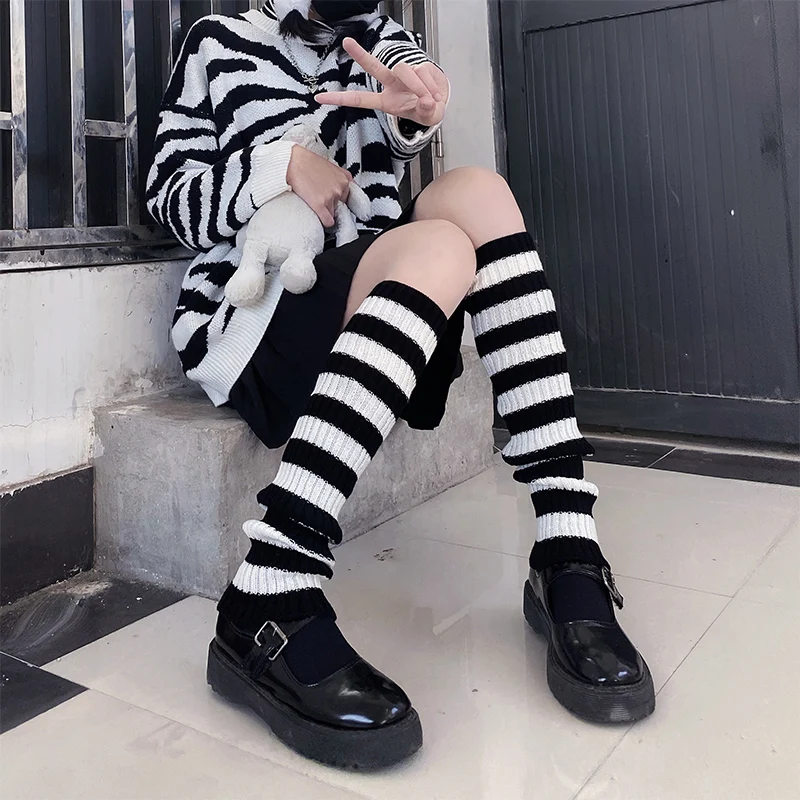 Y2k Goth Lolita Leg Striped Warmers japońskie kobiety gotyckie długie skarpetki getry kolana zimowe dzianiny mankiety kostki cieplej wysokie