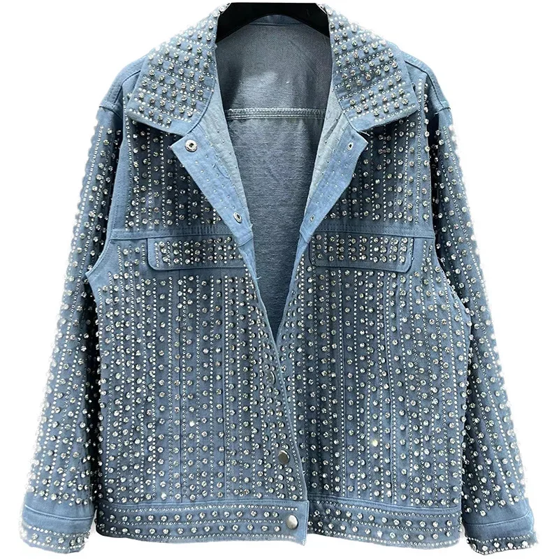 Streetwear Light Blue Denim Jackets Women Trendy 2023 New Spring Loose Polo Collar Slimming Long Sleeve Full Diamond Jean Jacket