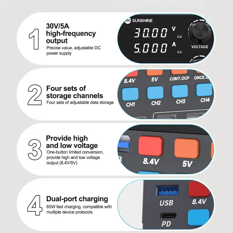 SUNSHINE P2 PRO DC Power Supply Variable, 30V 5A Adjustable Switching Regulated DC Bench Power Supply For Mobile Phone Repair