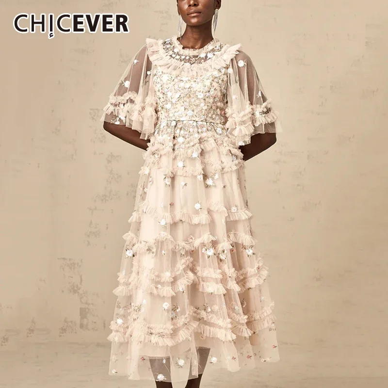 CHICEVER Spliced Pleated Mesh Dresses for Women Round Neck Flare Sleeve with Ruffles High Waist Elegant Dress Female Fashion New