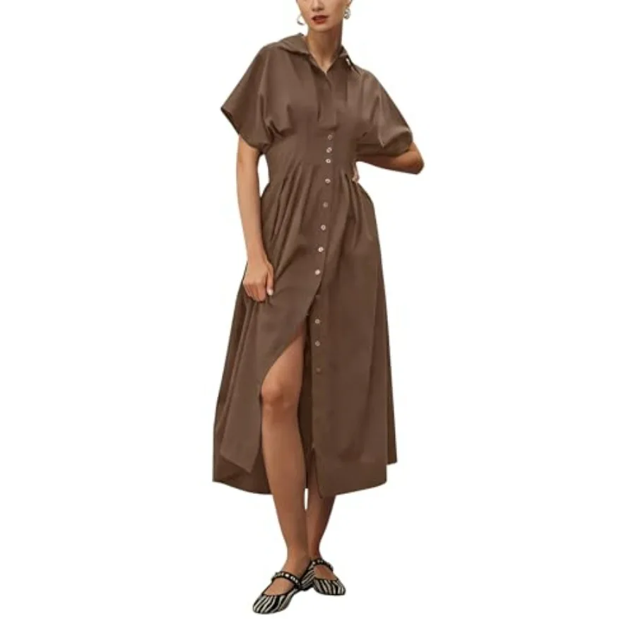 

Yeokou Shirt Dress for Women Summer Casual Short Sleeve Button Down Loose Pleated Maxi Sundress with Pockets