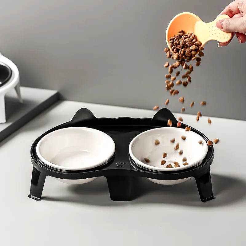 Cat Food Ceramic For Eating Drinking Black Feeding And Watering Integrated Kitten Slanted Mouth Protects Neck Anti-Spill Double