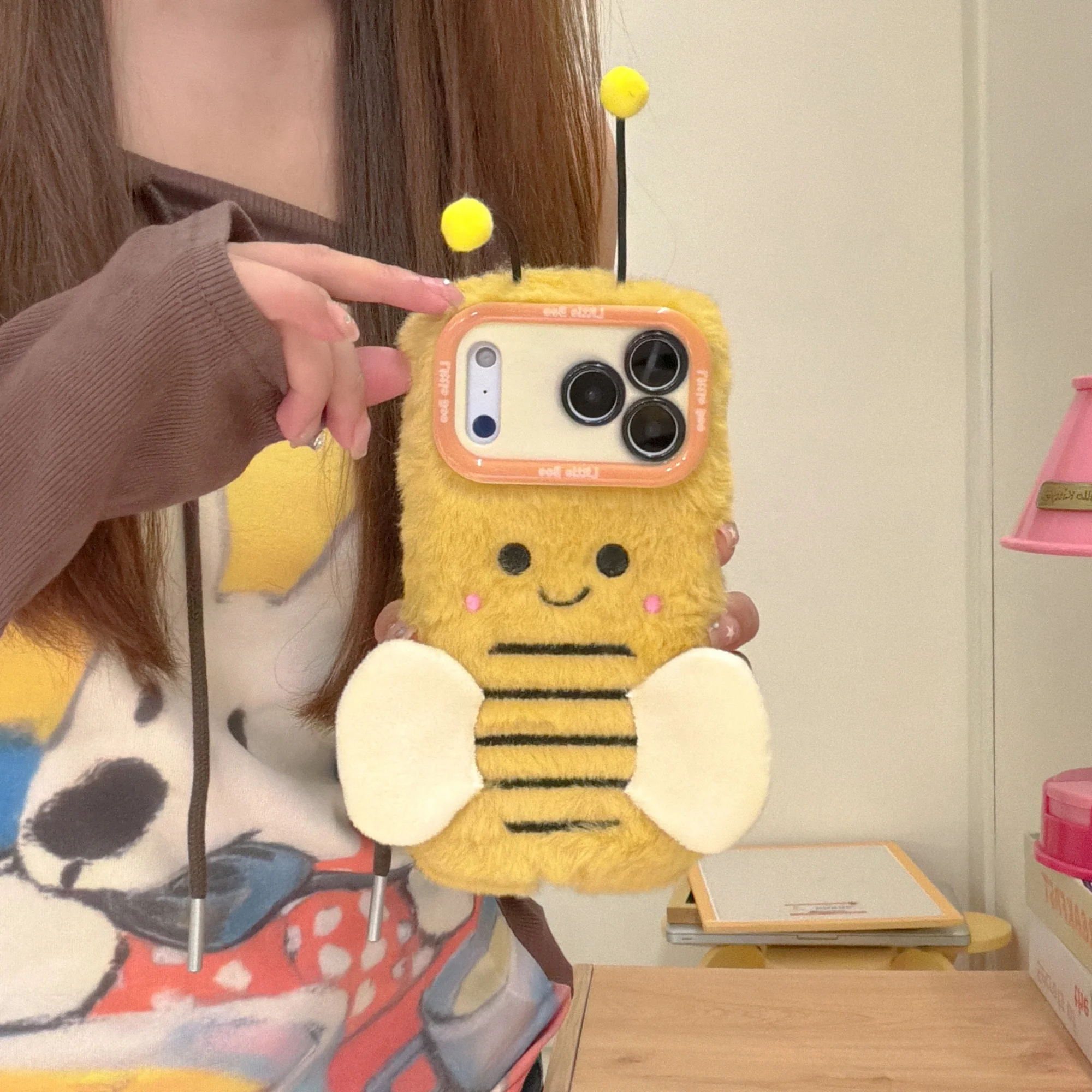 Cute 3D Cartoon Bee Fluffy Plush Phone Case for iPhone 17-11 Pro Max Winter Warm Furry Protect Cover & Lens Frame for Girls Gift