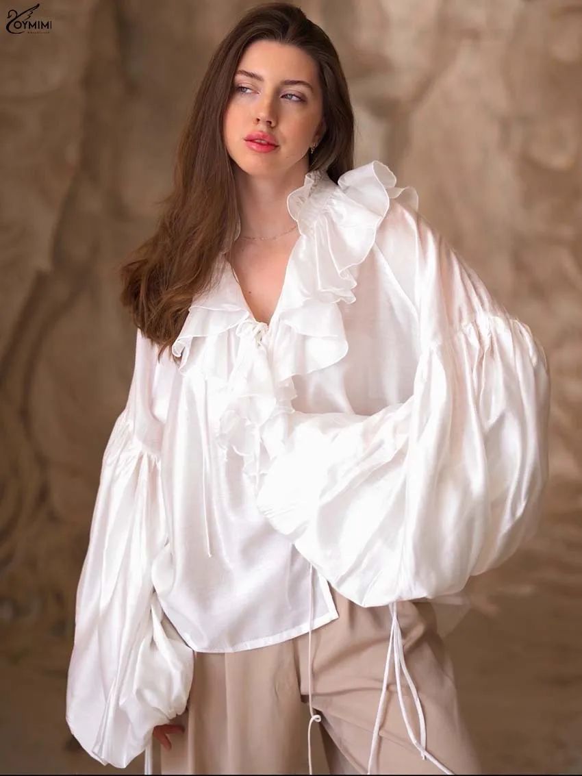 Oymimi Casual White Loose Women's Shirt Autumn New Puff Sleeve V-Neck Ruffled Shirts Elegant Lace-Up Solid Blouses Streetwear