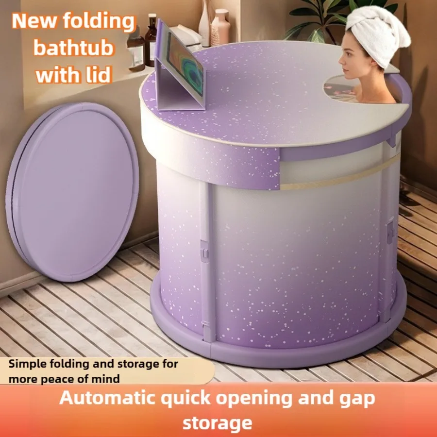

New foldable with lid round family bathtub for adults, a spa bath bucket for relaxation, can hold mobile phone and PAD.