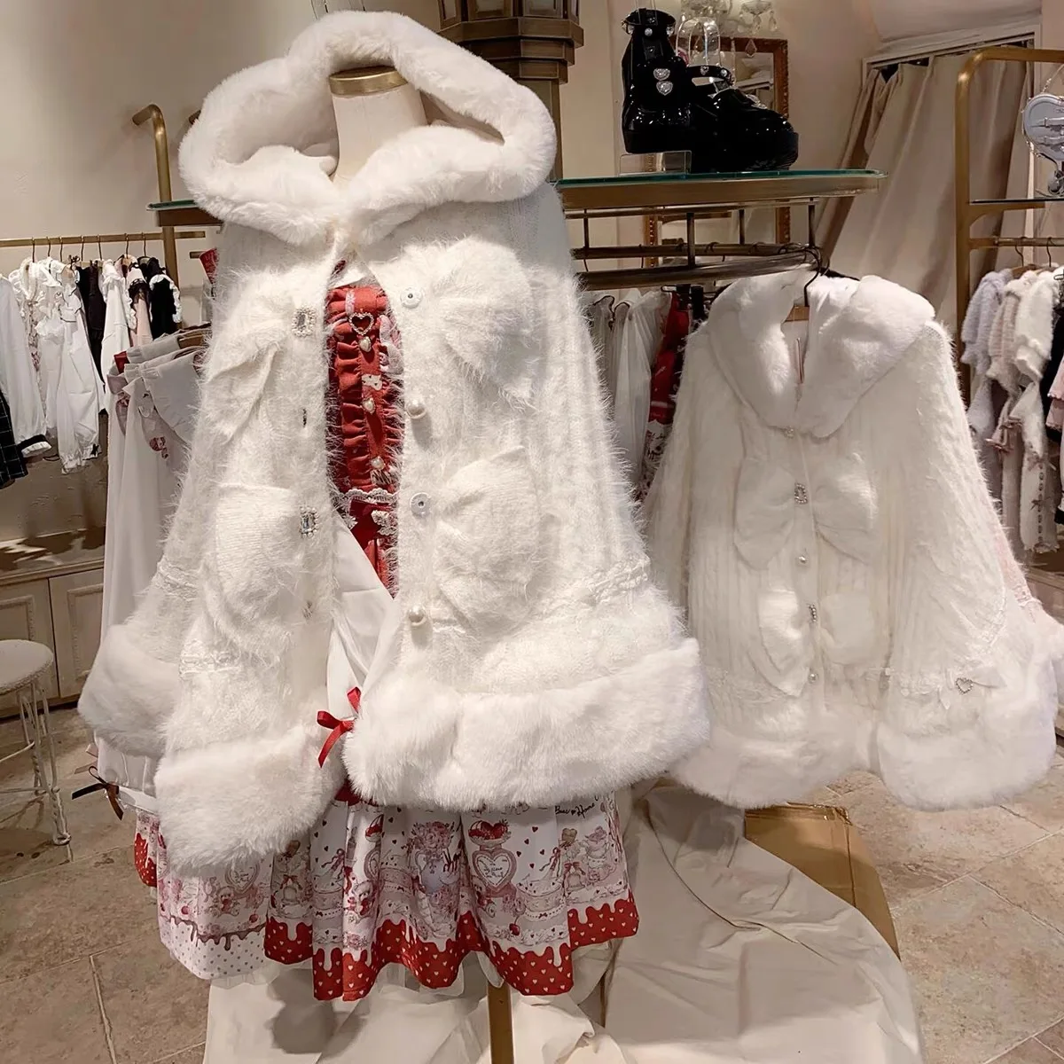 Thick Sweet Pearl Button Hooded Knitted Sweater Cape Jacket Japanese Mine Sweet Fall Winter New Sweater Cardigan Women