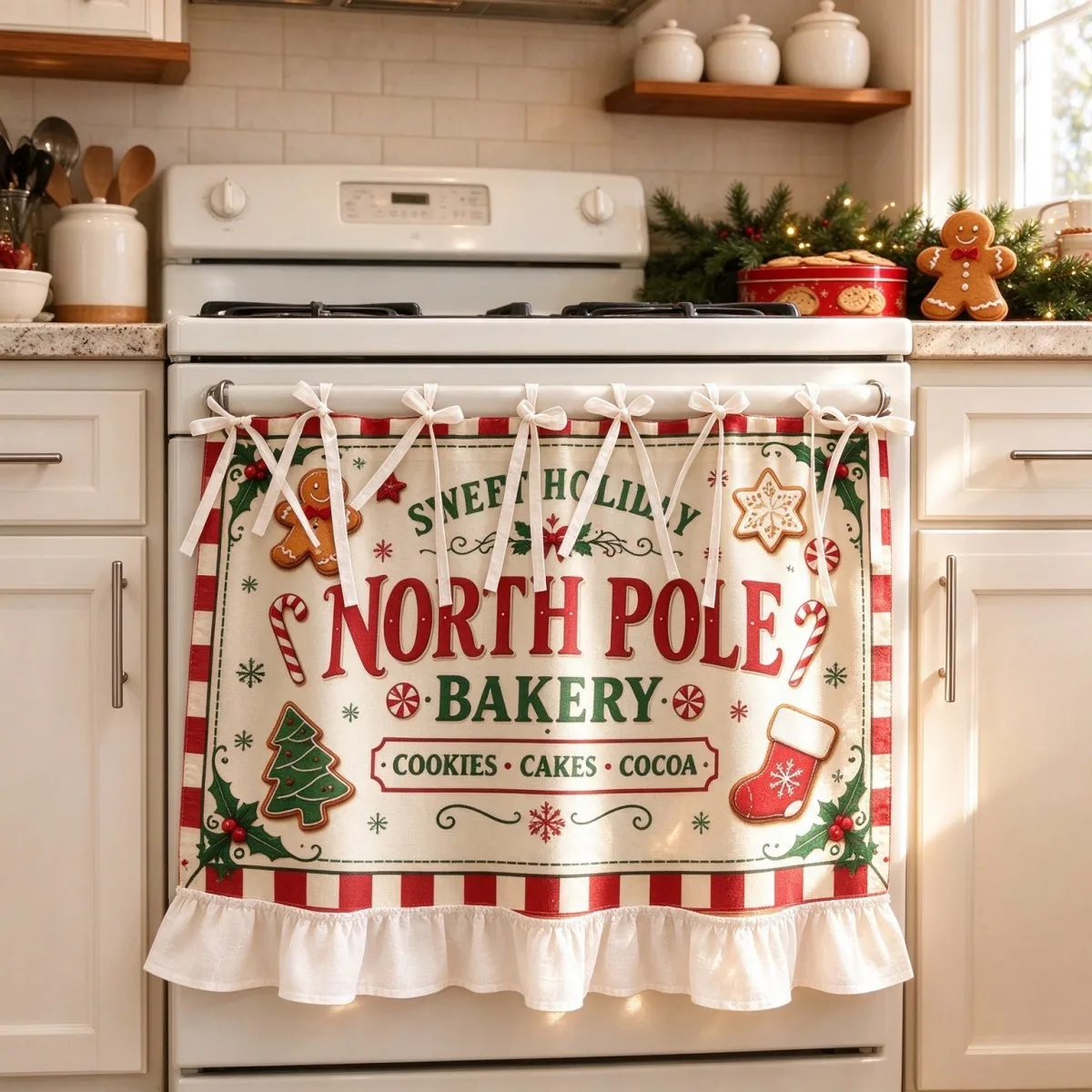 1PC lace up kitchen curtain, ruffled hem, 2D flat gingerbread man pattern, cabinet cover curtain, Christmas home decoration