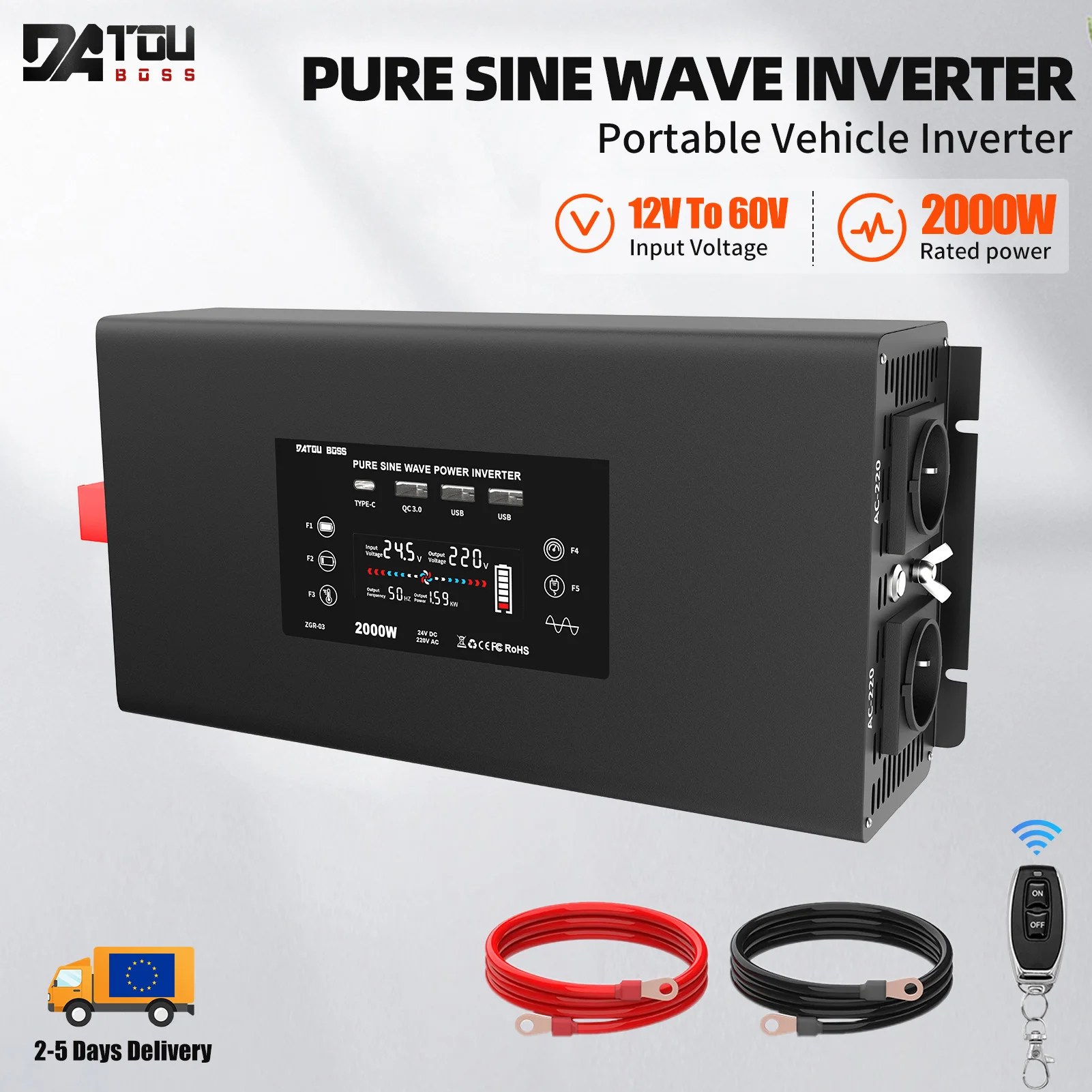 DATOUBOSS DN-03 Pure Sine Wave Inverter Continuous Power 2000W Peak Power 4000W Voltage Converter DC  To AC  Power Inverter