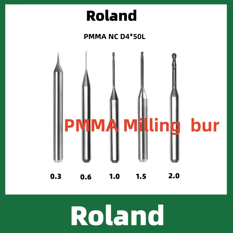 Dental Milling Burs For Roland DWX 52D Zirconia PMMA Grinding D4 Shank DC/NC Diamond Coating Diameter 2.0/1.0/0.6mm Drills