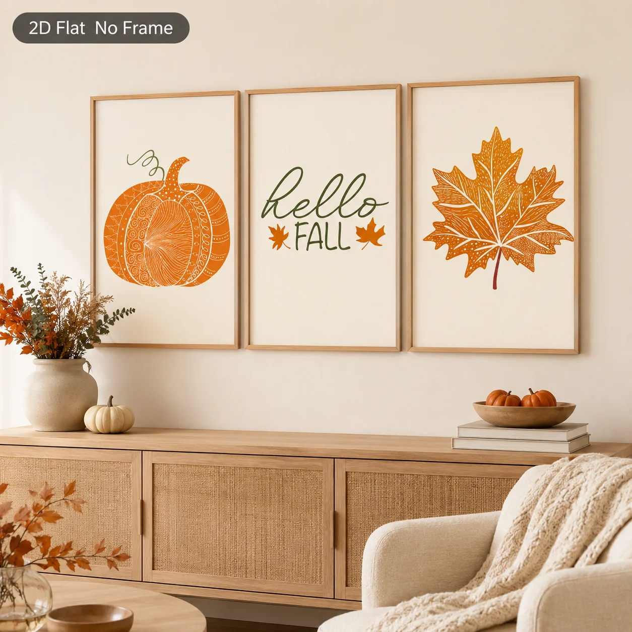 3PCS Pumpkin Maple Leaf Hello Fall Poster Autumn Wall Art Thanksgiving Autumn Harvest Wall Decor  Canvas Painting for Room Decor