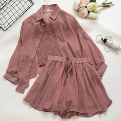 Korea 2024 Summer Sleepwear Fashion Three-piece Suit Women Casual Camisole Vest Sunscreen Shirt Chiffon Top Shorts Suit Pajamas