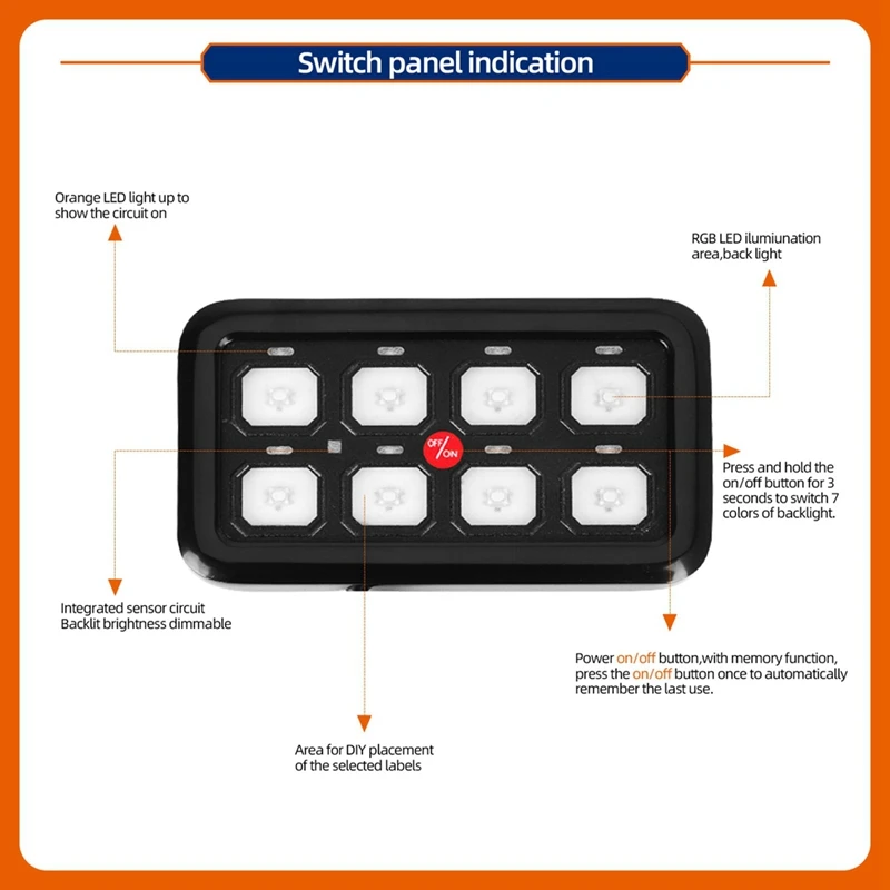 8 Gang Switch Panel RGB LED Light Switch Panel Multifunction Toggle/Momentary/Pulsed Touch Control Switch Pod Box