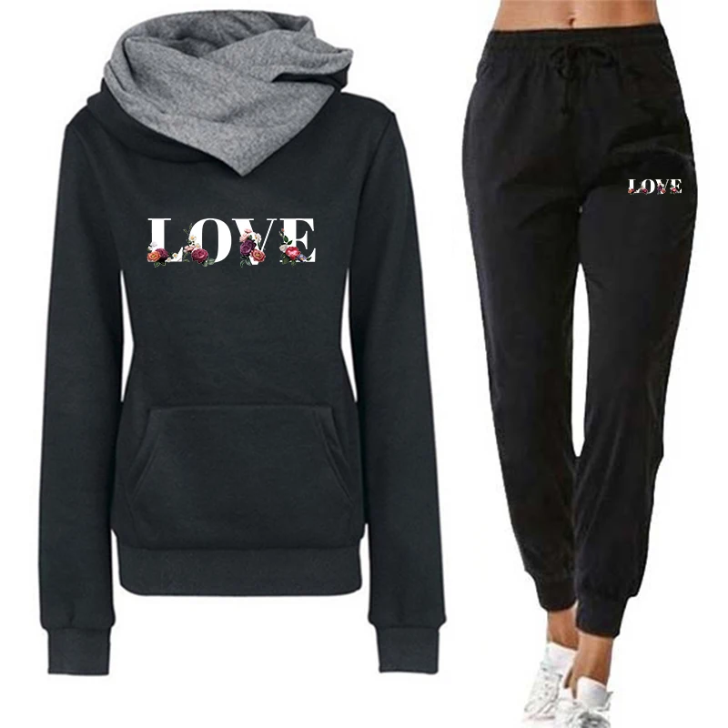 Womens Tracksuit Outfits Autumn Winter Hooded Sweatshirt +Black Sweatpants High Quality Ladies Daily Casual Warm 2 Piece Set