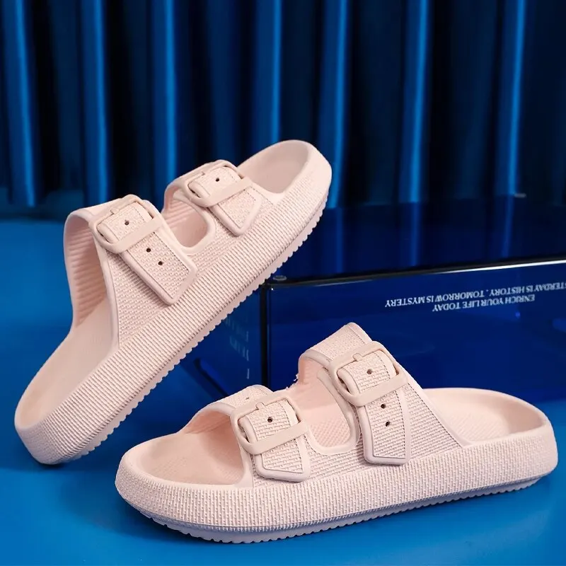 New Adjustable Slippers Thick Sole Slippers Double Buckle Home Bathroom Anti Slip Cloud Slippers Women Outdoor Beach Slides