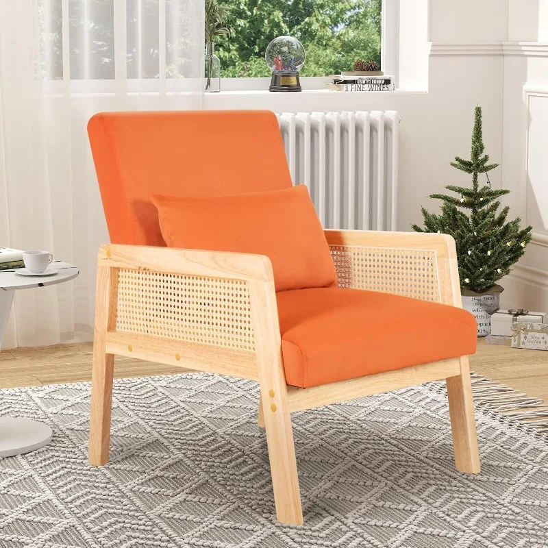 

Accent Chair with Rattan Armrests, Mid Century Modern Lounge Armchair for Living Room, Single Upholstered Leisure Reading