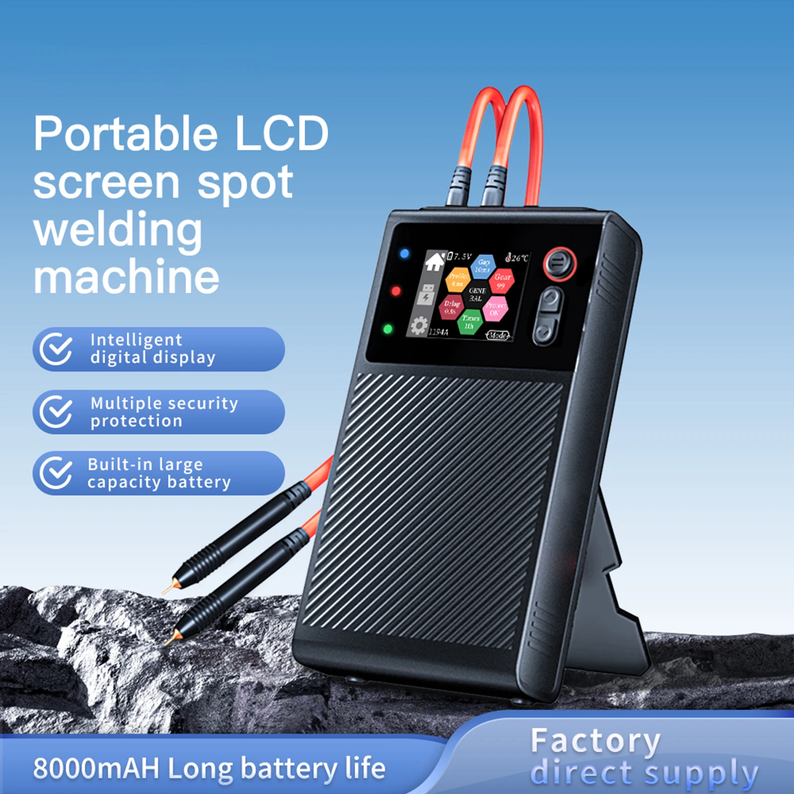 ماكينة لحام نقطي للبطارية 1200 أمبير، لحام نقطي محمول، نبض مزدوج مع تحكم ذكي/وضع عام، شاشة ملونة 1.8 بوصة #1