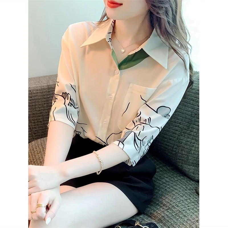 Women Korean Fashion Contrast Color Print Shirts 2024 Summer Chic Sweet Design Y2K Blouse Casual Short Sleeve Loose Tops Camisas