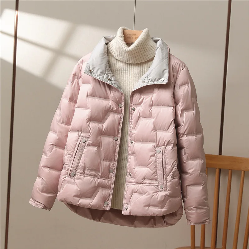 

2024 New Winter Women 90% White Duck Down Coat Female Stand Collar Single Breasted Jacket Casual Loose Puffer Parkas