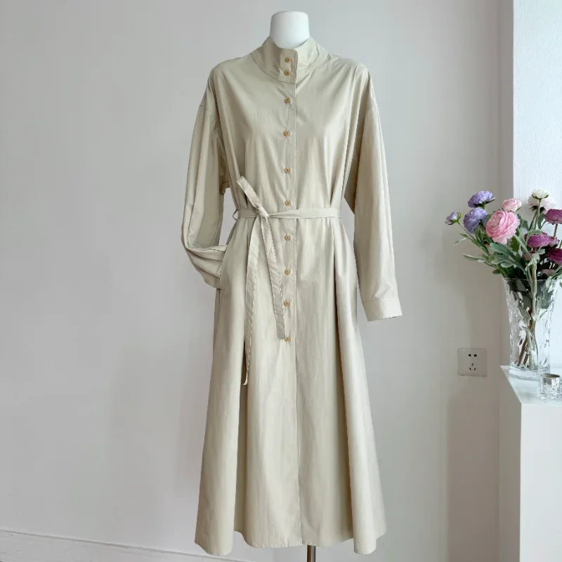 Korea Chic Stand-up Collar Dress Coat Women's Autumn Cotton Casual Loose Slim Basic British Style Long Trench Coat Female