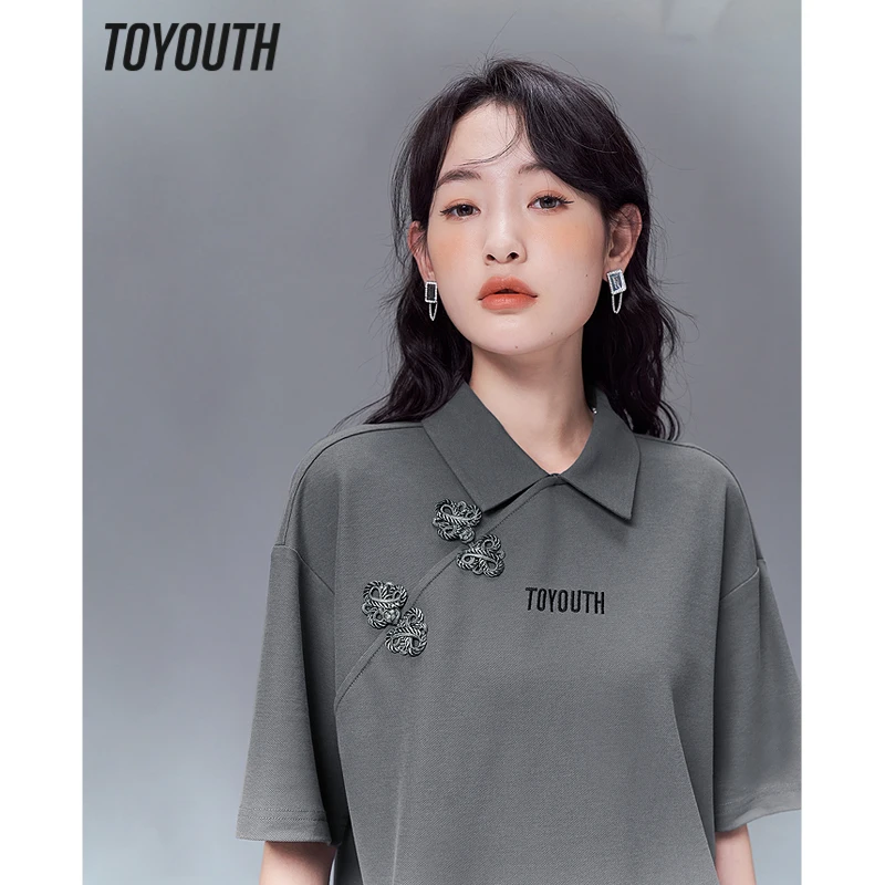 

Toyouth Women T-shirt 2023 Summer Short Sleeve Polo Neck Short Tees Chinese Cheongsam Design Vintage Casual Streetwear Tops