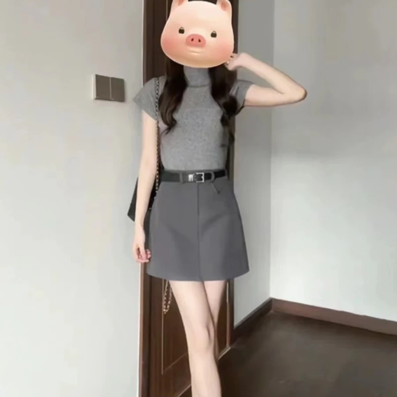

Korean Style Chic Summer Outfit Women's High Waist Skirt And Top Set Short Sleeve round Neck Cotton T-Shirt Midi Skirt