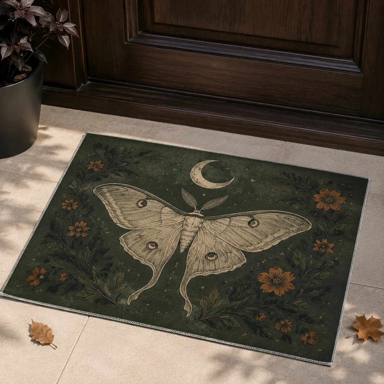 Custom Polyester Doormat Vintage Luna Moth Halloween Doormat Non‑Slip Gothic Autumn Entrance Carpet Indoor Outdoor Home Decor