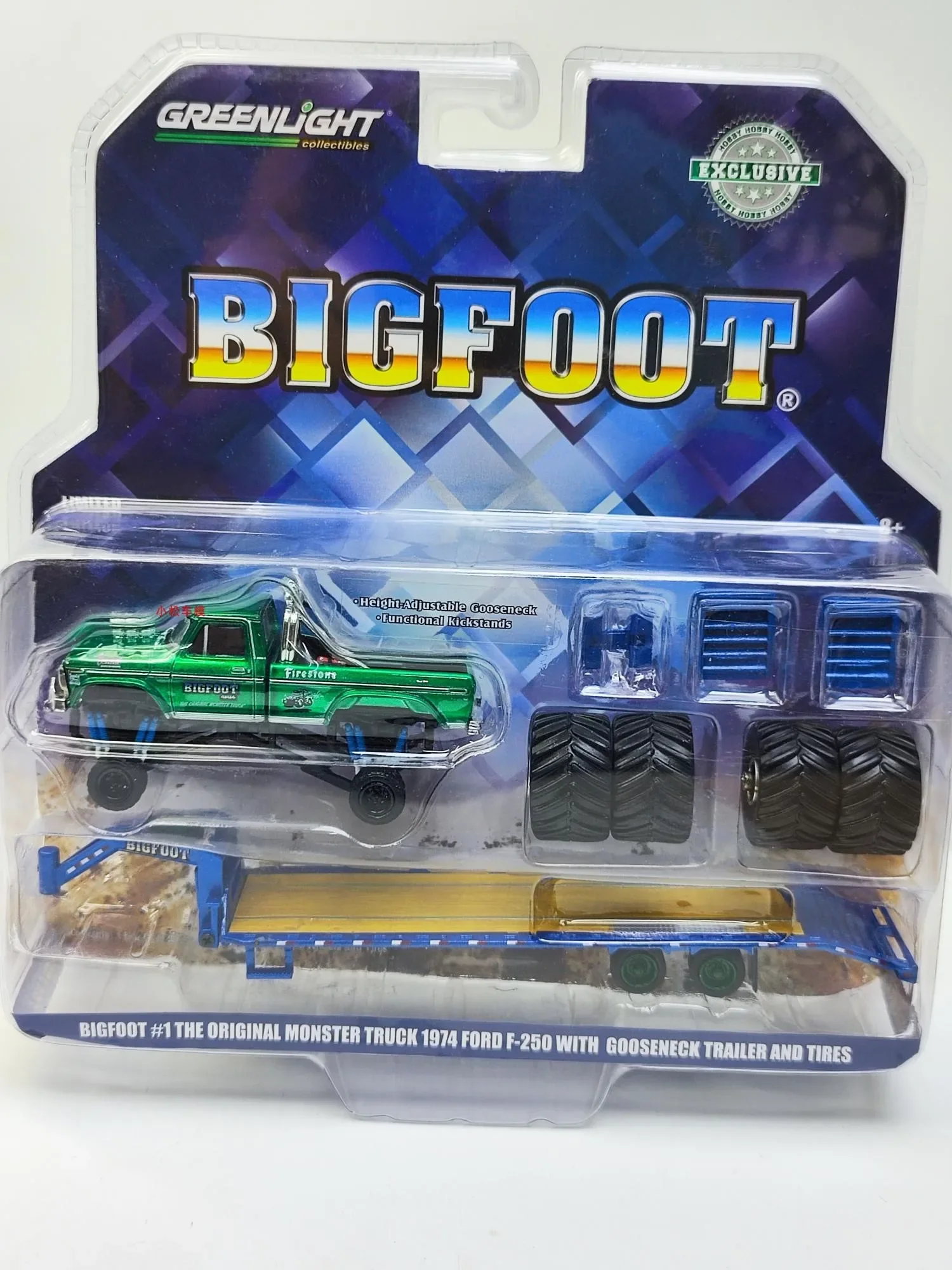 1:64 1974 Ford F-250 Monster Gooseneck Trailer 66 inch Tire Replacement Green Machine Collection of car models