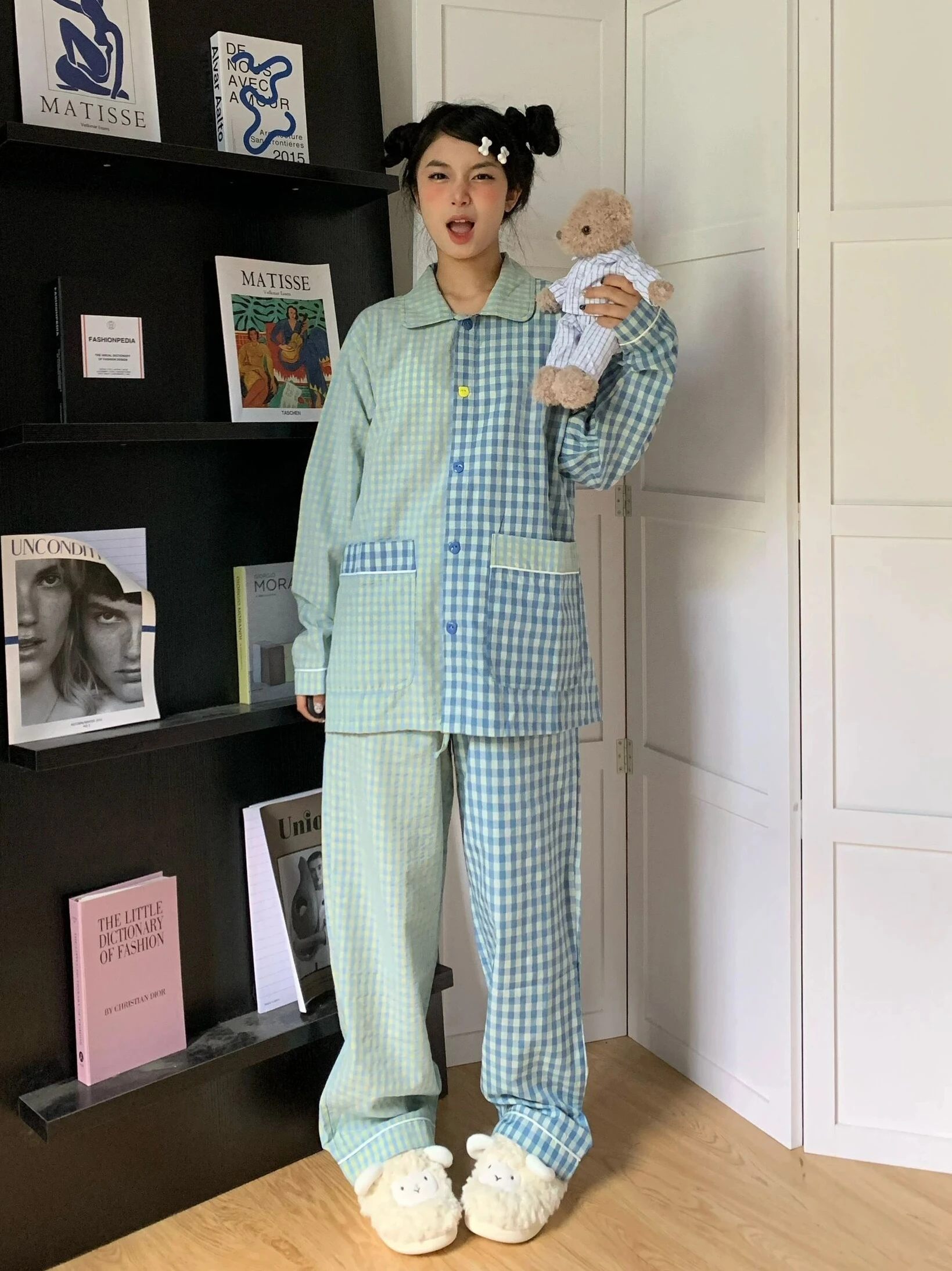 Korean Sle Long Sve Plaid Spwear Women's Spring Autumn Home Clothes Set High Waist Pants Comfortable Soft Material