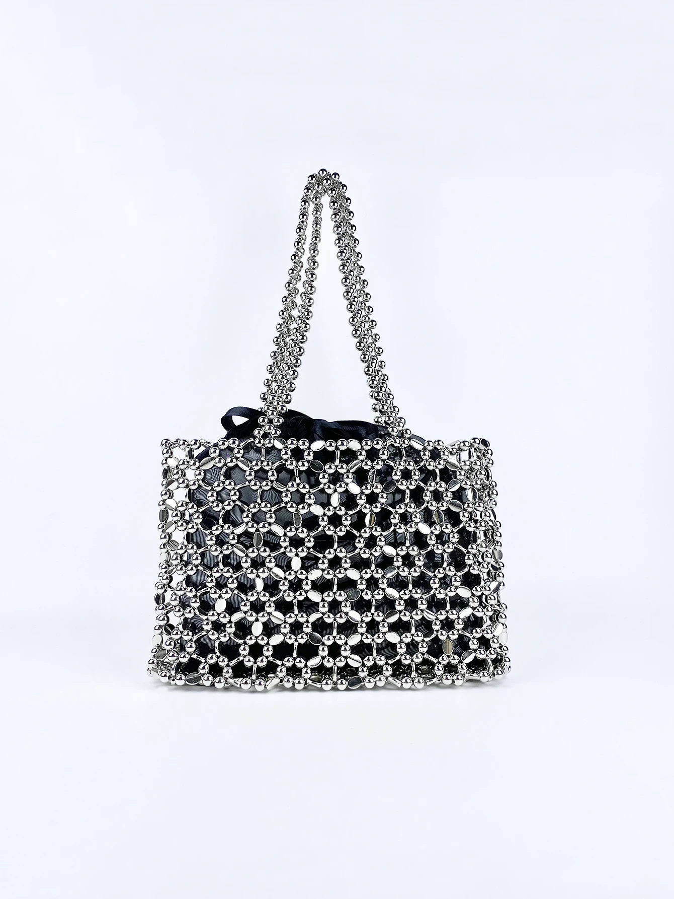 Fashionable niche retro shiny silver beaded bag woven lightweight hollow beaded versatile shoulder bag