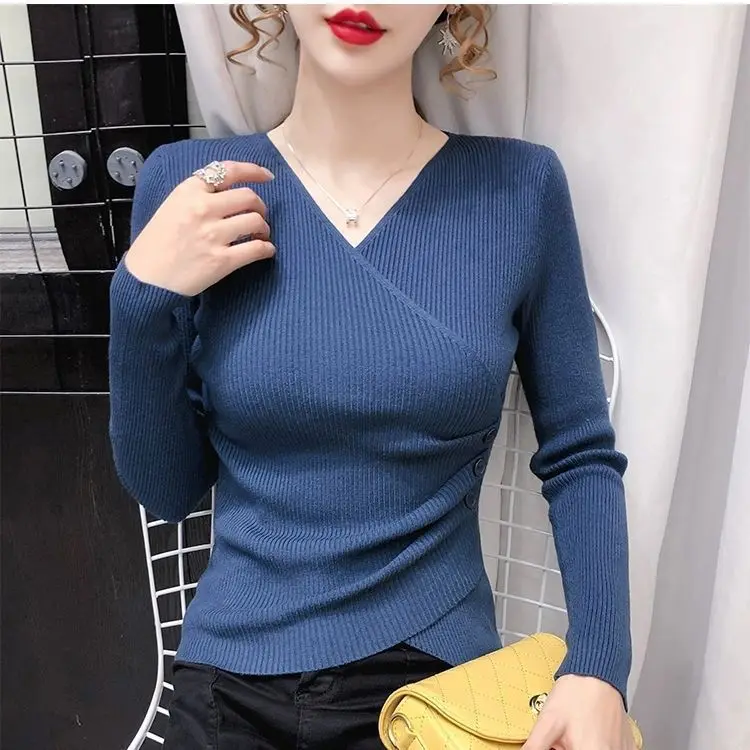 Autumn New Temperament Simple V-neck Knit Sweater Half Sleeved Women\'s Solid Patchwork Korean Pullover Versatile Slim Tops 2024