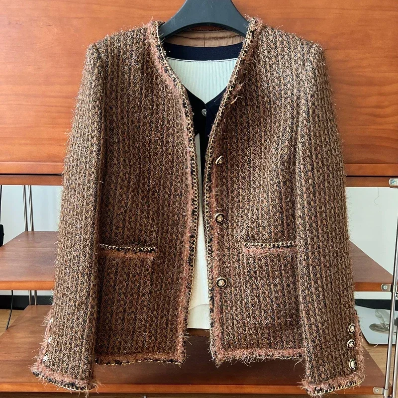 

High-end Winter Warm Caramel Tweed Down Jacket Women Luxury Chain LUrex Women's Coat Small Fragrance Style Cardigan Outwear