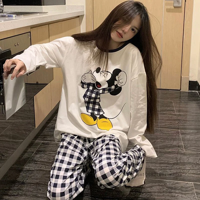 Disney Cartoon Mickey Long Sleeve Cotton Sleepwear Sweet Y2k Girl Kawaii Casual Pajamas Spring Autumn New Cute Home Clothes Set