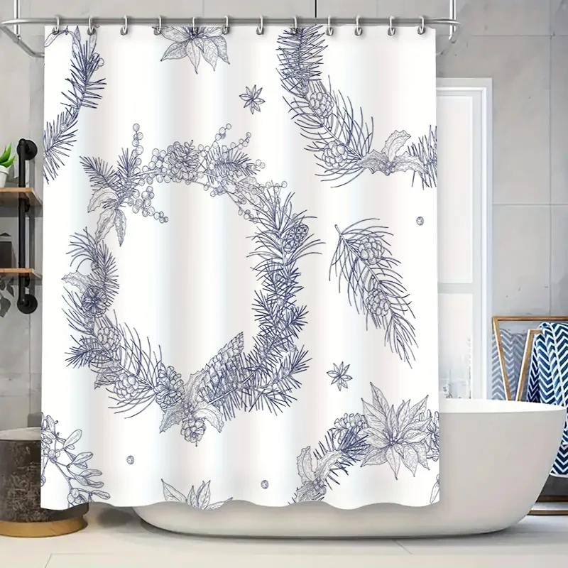 

Винтажная занавеска для душа с ботаническим дизайном, сосновыми ветками и цветами темно-синего цвета на белом фоне perfe