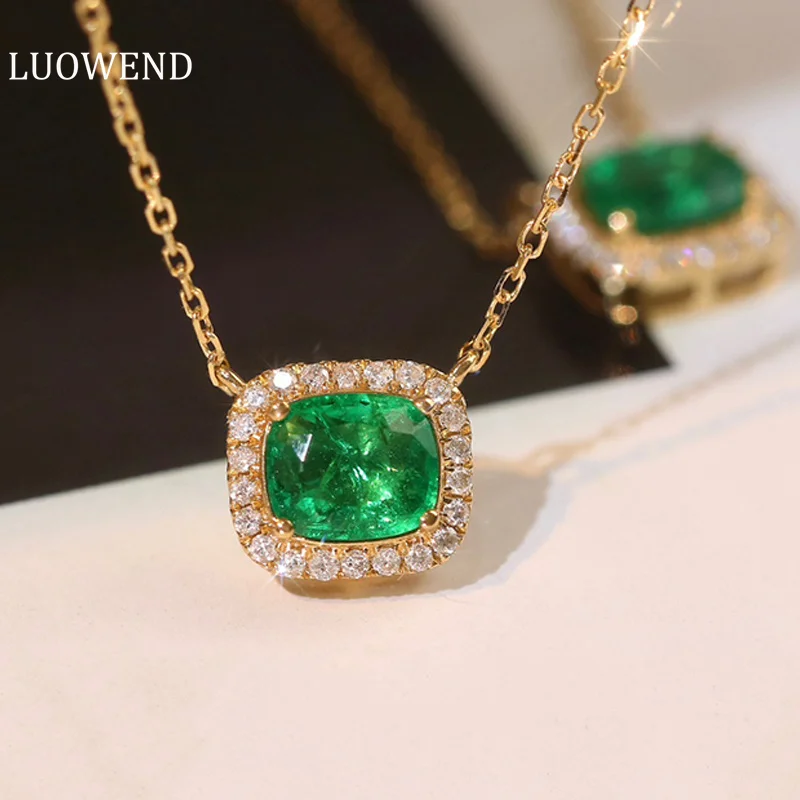 

LUOWEND 18K Rose Gold Pendant Necklace Real Diamond Pendant Women Emerald Necklace Fashion Gemstone Jewelry Holiday Gift