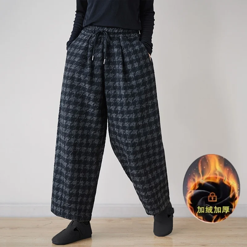 Winter 2024 New Arrival Arts Style Women Ankle-length Pants Casual Loose Elastic Waist Warm Thickened Plaid Print Harem Pants