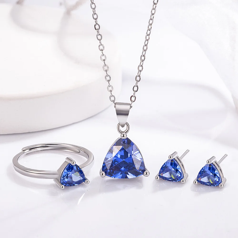 925 Sterling Silver Stylish Simple Blue Triangle Zircon Necklace Earrings Ring Set Birthday Party Anniversary Gift