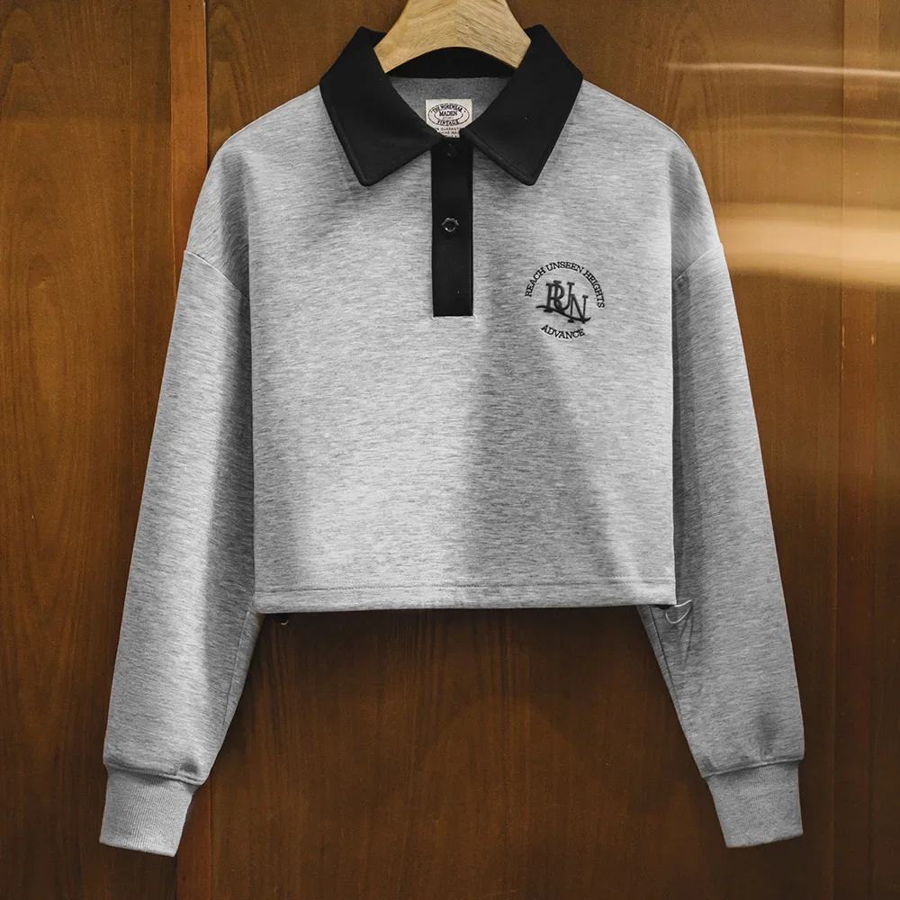 

Maden Women Spring Retro Embroidered Polo Collar Sweatshirt Long Sleeve Sporty Pullover Crop Sexy Top Casual Outfits Streetwear