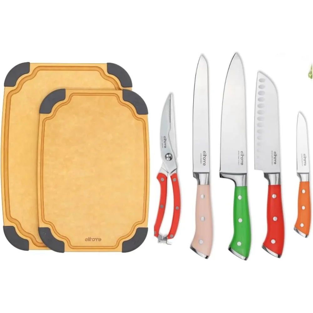 

2-Piece Dishwasher Safe Non-Slip Juice Groove Cutting Board Set and 5-Piece Premium Stainless Steel Kitchen Knife Set